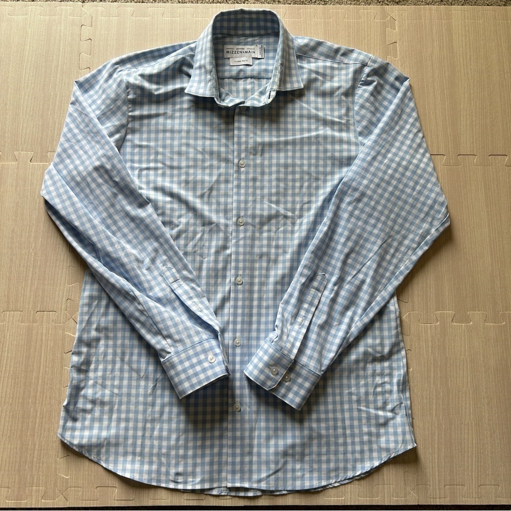 Men’s Mizzen+Main Leeward Blue Plaid Button Down Dress Shirt. XL, Trim Fit